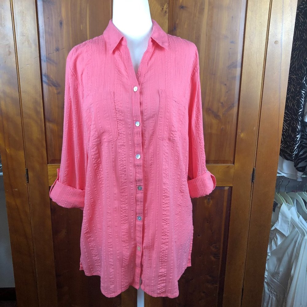 Chico's Coral/Terracotta Coastal Cotton Blouse with Roll Tab Sleeve Lightweight